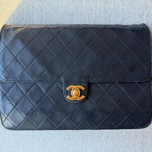 Vintage Chanel Medium Classic Flap Bag Black Lambskin GHW 25cm